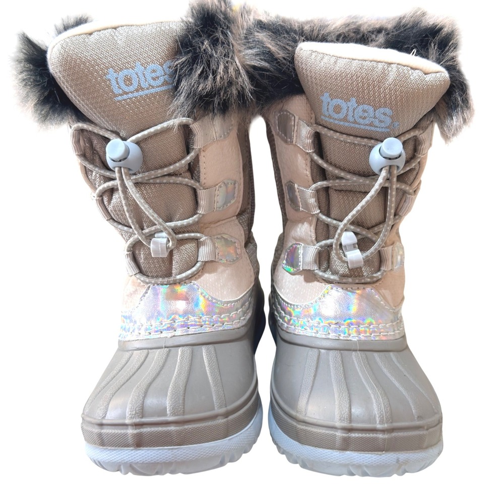 Totes Snow Boots Toddler 9 Girls Taupe Faux Fur Duck Boots Holographic Winter